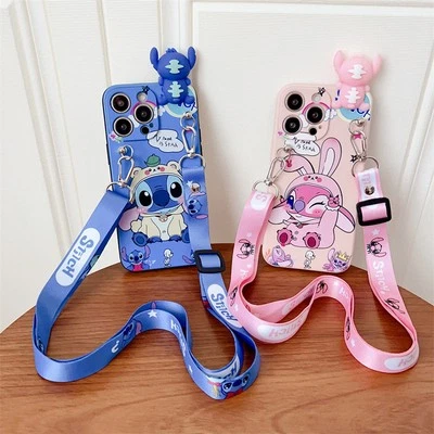 Stitch Angel Crossbody Strap Phone Case For iPhone16 15 14 13 12 11 Promax XS SE