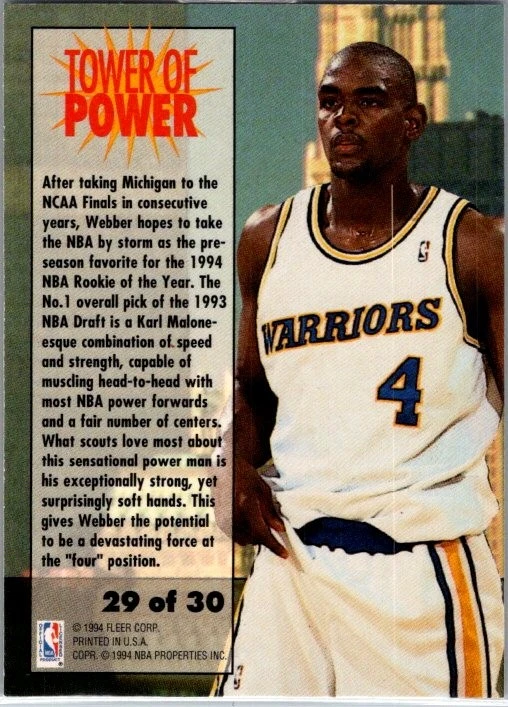 1993-94 Fleer #29 Chris Webber Towers of Power *2436 - Image 2 of 2