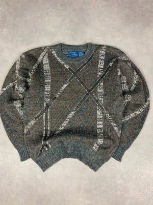 Vintage Strick Pullover Patch Leder mehrfarbige Muster M