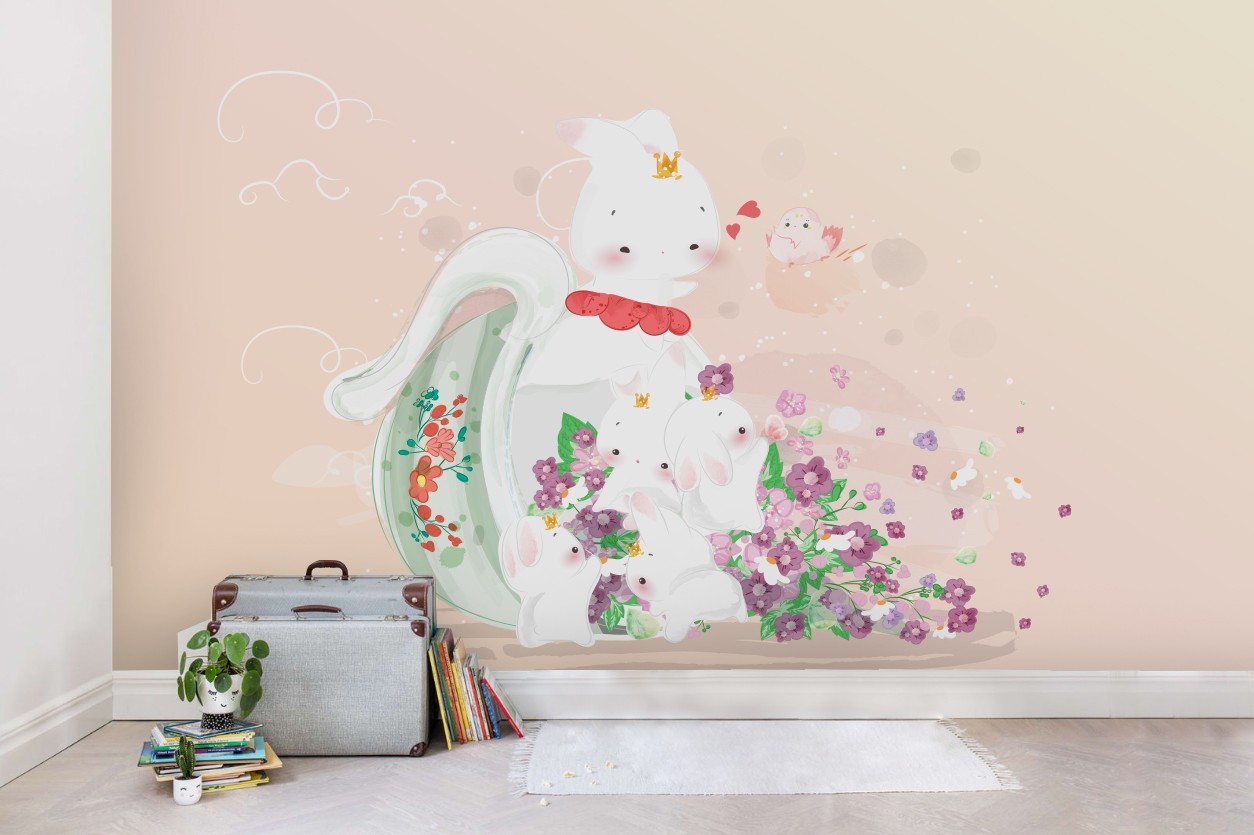 3D Cartoon Rabbit Flower Watercolor Wall Murals Wallpaper Murals Wall Sticker