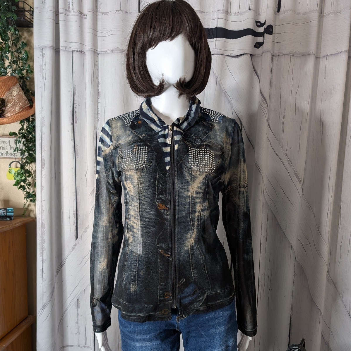 Damee, Inc. Mesh Denim-look Zip Shirt w/Diamante Accents SMALL P/O View 2