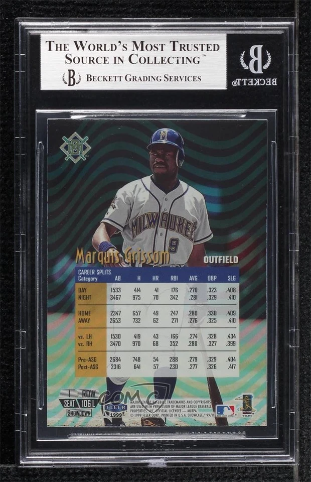 1999 Flair Showcase Row 1 Legacy Collection /99 Marquis Grissom #106L BGS 9 MINT - Image 2 of 2