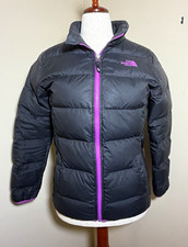 The North Face Girls 550 Goose Down Puffer Jacket Black Purple Full Zip XL 18