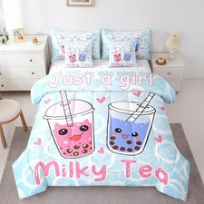 Milky Tea 7 Piece Bedding Set Girl Loves Milky Tea Comforter Full Lifht Blue