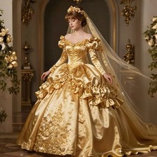 Vintage Victorian Gold Wedding Dresses Puff Ball Gown Princess Bridal Gowns