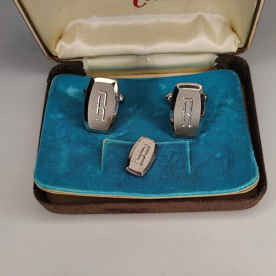 Abotoaduras R monograma tom prata letra inicial nome vintage HICKOK EUA - Imagem 3 de 4