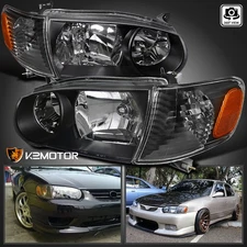 Fits 2001-2002 Toyota Corolla Black Headlights+Corner Signal Lamps Left+Right