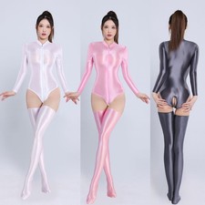 Glossy Shiny See Through Jumpsuit Zipper Crotch Bodysuit Tights Elastic Leotard