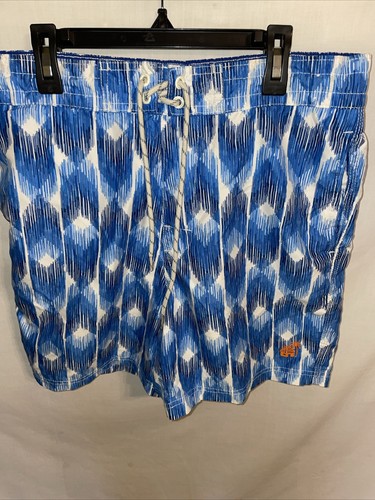 Caribbean Joe Swim Trunks Mens Size Medium Blue White Geometric Drawstring W 32