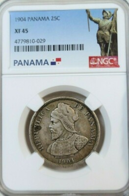 1904 PANAMA SILVER 25 CENTESIMOS 25C NGC XF 45 EARLY DATE