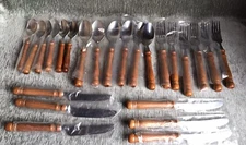 Wood Handle Sir Lawrence Cutlery Stainless Flatware Silverware 24pc Mid Century