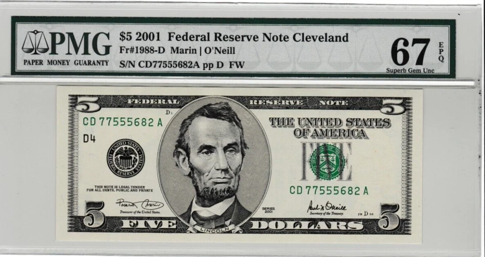 2001  $5  Federal Reserve Note  Serial Number CD 77555682 A Cleveland PMG 67 - Image 2 of 3
