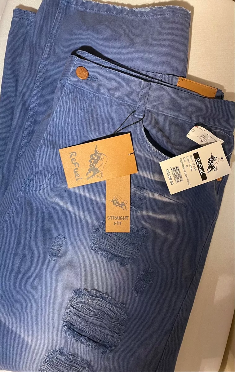 REFUEL MENS STRAIGHT FIT ROYAL DENIM JEANS DISTRESSED SIZE 44 X