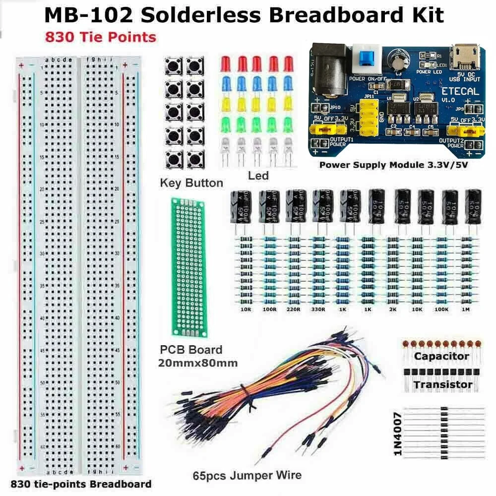 Solderless Breadboard 830 Point 65pcs Jumper Wire MB-102 Power Supply  Module Kit | eBay