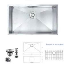 New Handmade 304 Stainless Steel Undermount Single Bowl Kitchen Sink 30"X18"X10"