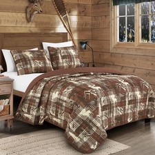 3 Pcs Rustic Cabin Quilt Set Moose and Bear Bedspread Burgundy,King 100 p...