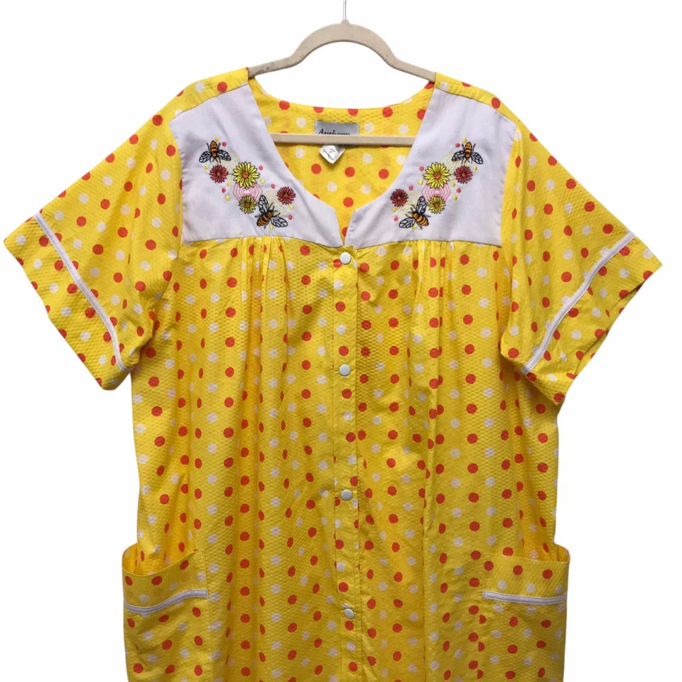 VTG Anthony Richards Embroidered Bumblebee House Dress Muumuu Yellow Dot Sz 2X - Image 3 of 4