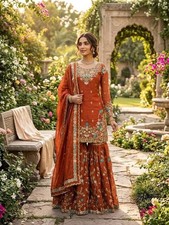 Bollywood Look Heavy Silk Orange Top Palazzo With Dupatta For Women  Girls