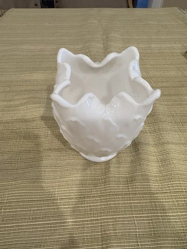 Vintage Milkglass Small Footed Vase 4 Corners With Scalloped Edge