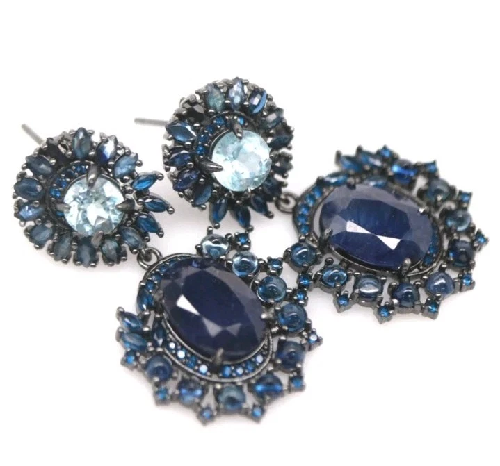 925Silber OHRRINGE Edelsteine Saphir,2 beh. Außergewöhnlich schön 585schwarzgol - Bild 2 von 4