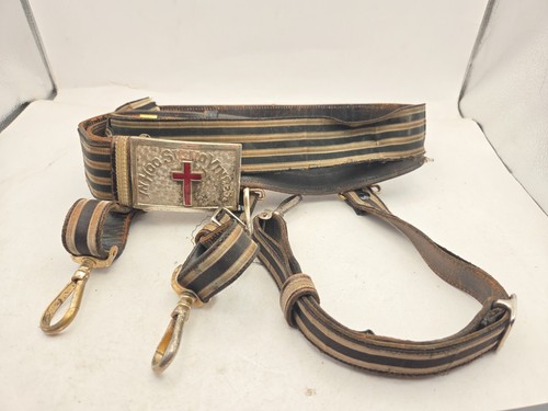 Antique Masonic Knights Belt With Striped Fabric, Buckle and straps