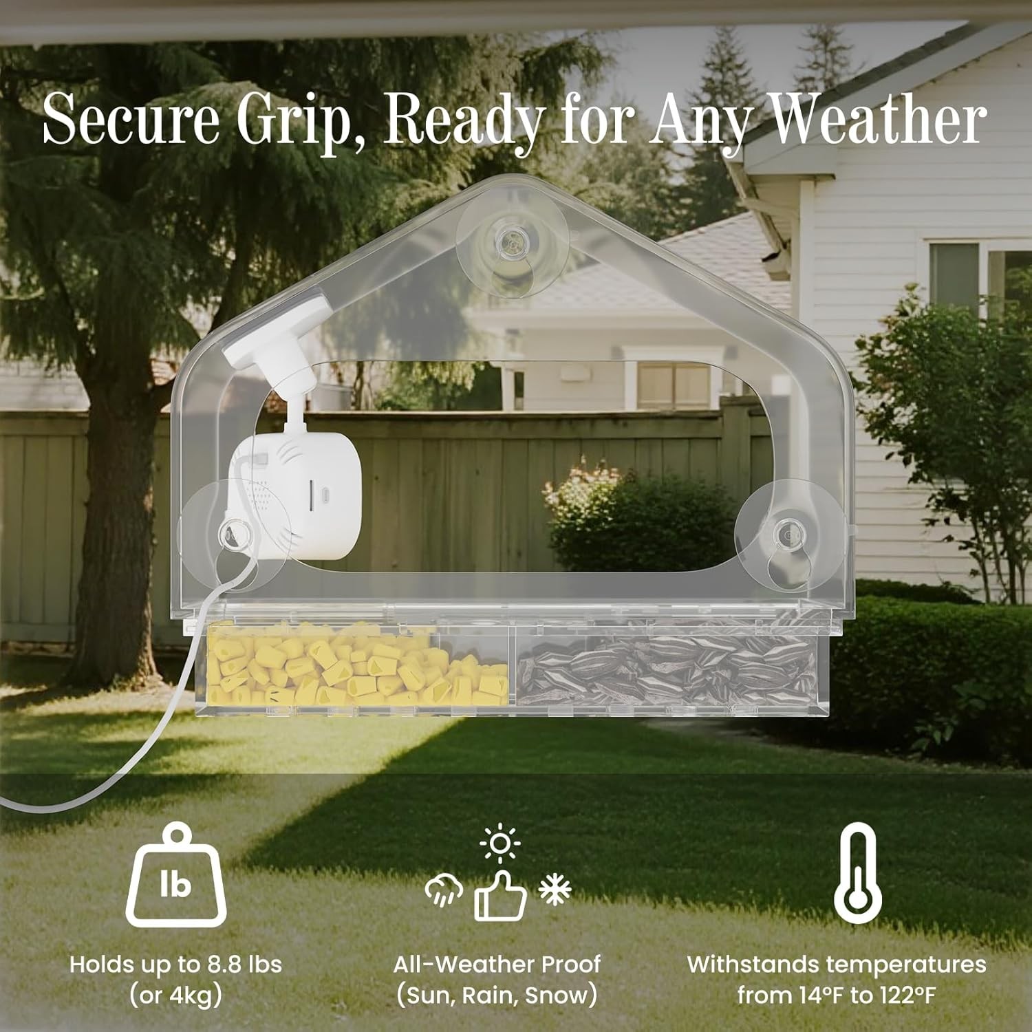 Smart Window Bird Feeder Camera with AI, Modern Design for Panoramic Views, 2K H