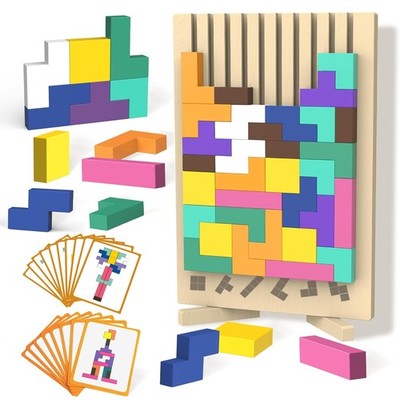 Wooden Block Puzzle Montessori Toys, Colorful Stacking Game Brain Teaser Puzz...