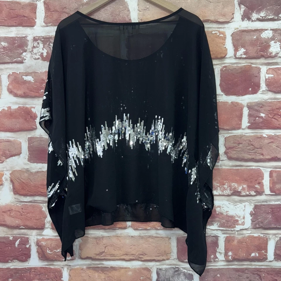 Umgee Kimono Top Womens XL Black Silver Abstract Sequin Sparkly Sheer Shirt - Image 4 of 4