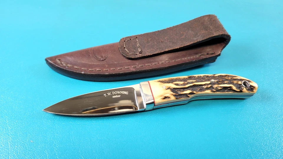 T.W. Cuchillo Downing personalizado punto de caída cazador + funda de cuero Cuyahoga OH TR629 Foto 4 de 4