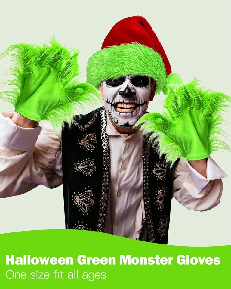 QLINLEAF Sombrero de Navidad y Monstruo Verde Guantes de Mano Peluda Adulto para Halloween R Foto 2 de 4