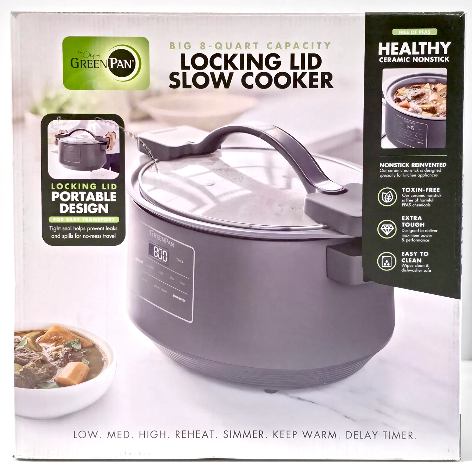 GreenPan 8 Quart Locking Lid Slow Cooker, Healthy Ceramic Nonstick, Graphite New