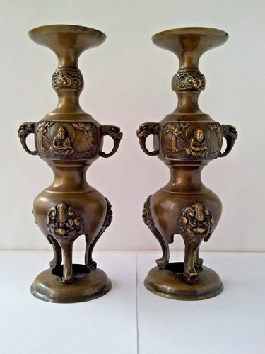 Coppia di candelabri cinesi antichi/vintage in bronzo - Foto 4 di 12