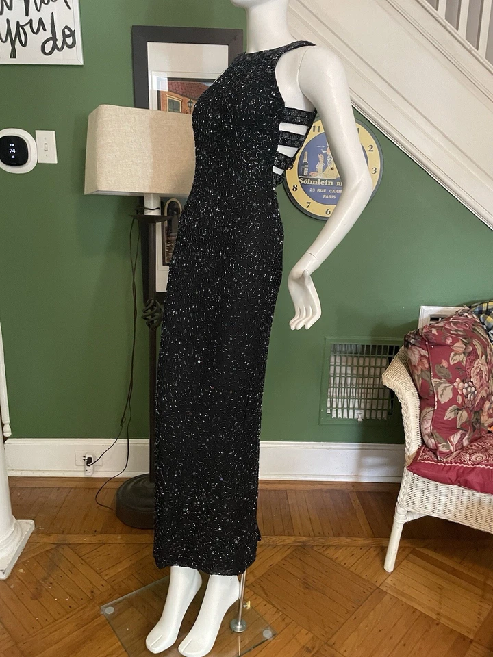 Vestido Vintage Años 90 DINASTÍA Cuentas Sin Espalda 💯 Seda Hollywood Glam 36 Pequeño Foto 3 de 4