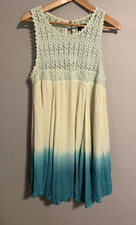 Double D Ranch Womens Dress Large Blue Ombre Gauzy Crochet Trim Boho READ
