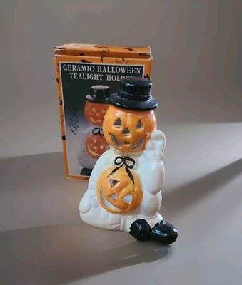 Vtg Halloween Ceramic Pumpkin Man Ghost Jack O Lantern Tea Candle Holder K Mart