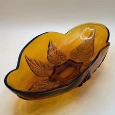 Vintage Indiana Amber Glass Oval Candy/relish Dish. Autumn Leaves Theme Footed