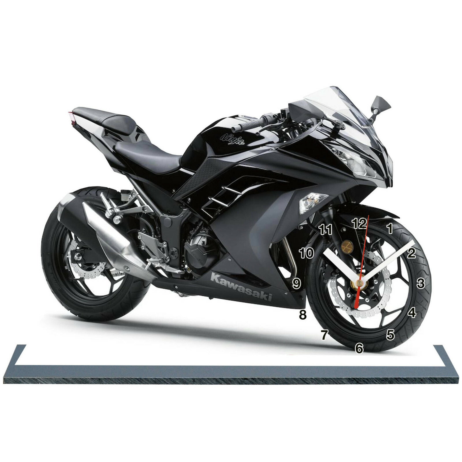 Horloge moto Kawasaki Ninja 300 miniature noire sur socle de bureau