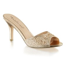 UK 8 Fabulicious Lucy 01 Gold Glitter Fabric 3.25" Heel Rhinestone Slides