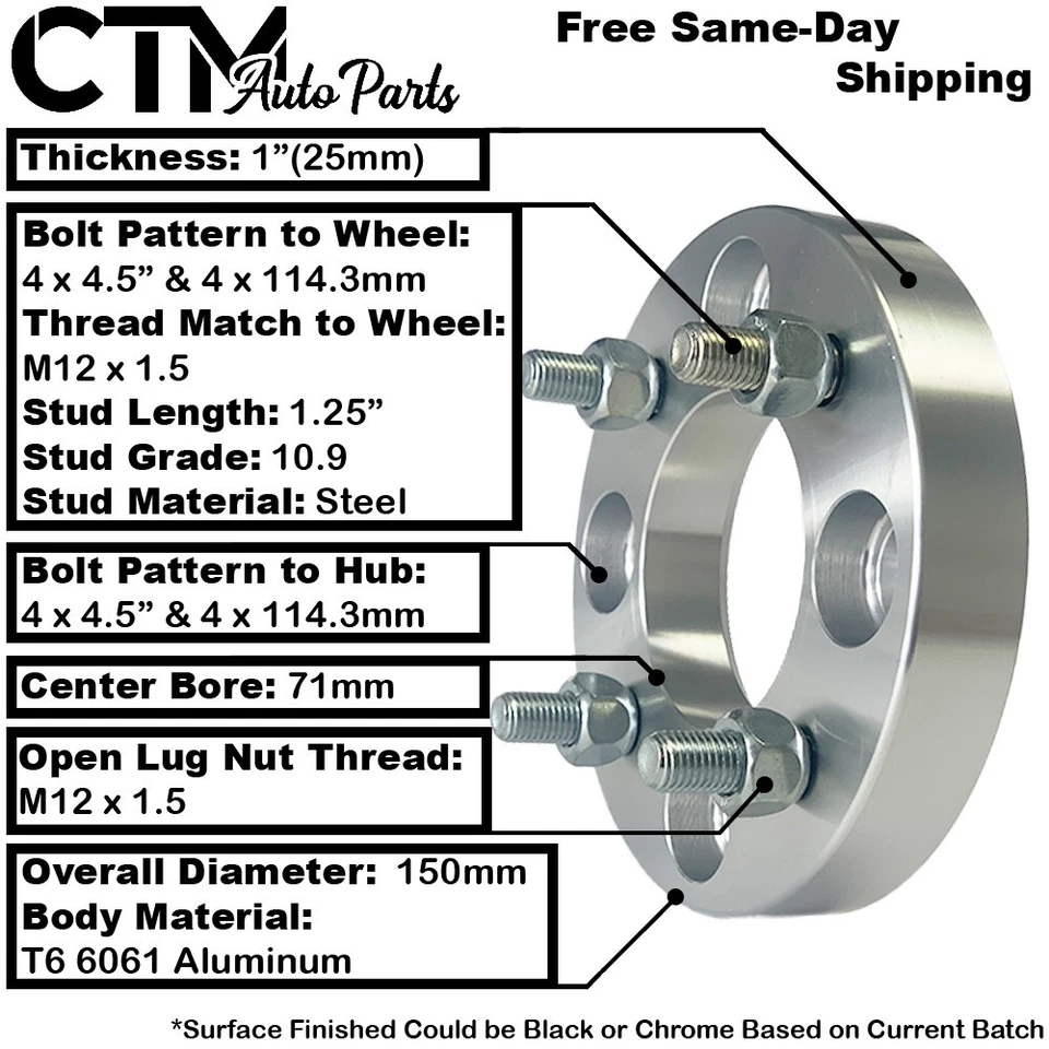 4x 1" Thick 4x4.5" (4x114.3mm) Wheel Spacer Adapter Fit 4Lug Acura Honda Hyundai - Image 2 of 4