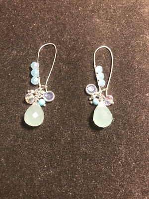 Shephard's Hook Dangle Earrings Aquamarine Drop Below Crystals Beads And Charms
