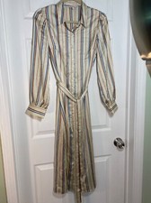 Skies Are Blue Striped Belted Shirt Dress Cream,Blue Brown Strips Knee Length