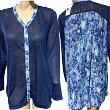 Logo Lori Goldstein Womens Button Front Tunic Top Size M Sheer Blue Printed NWT