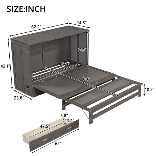 Cama Queen Murphy con Estación de Carga Moderna Madera Plegable Pared Cama Camas Ocultas Foto 3 de 4