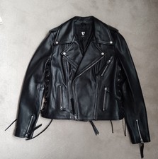 Ladies Size 12 New Black Very Heavy Leather Biker Jacket Laced Sides Zips