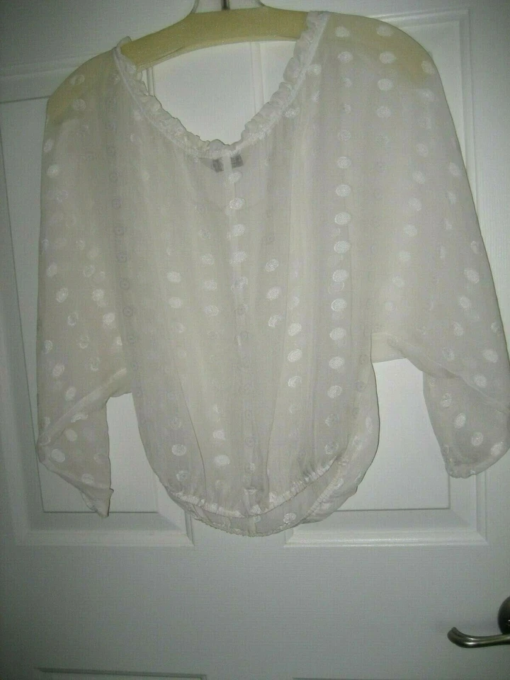 $200+ Mujer Talla S Marfil Crema Seda TUCKER Semi Transparente Punto BLUSA TOP 3/4 Camisa Foto 4 de 4