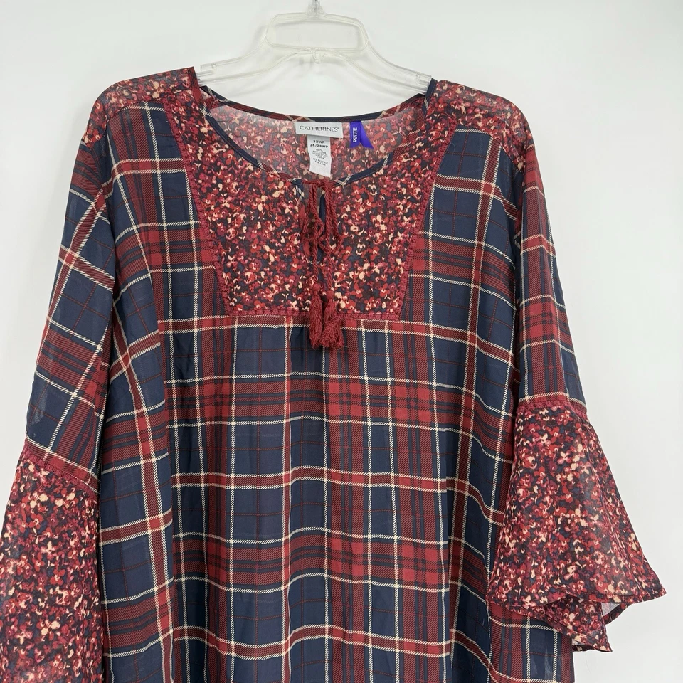 Top Catherines Mujer 3X Pequeño Rojo Cuadros Manga 3/4 Cuello en V Borlas Mangas Campana Foto 4 de 4