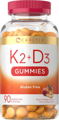 Vitamin D3 K2 Gummies | 90 Count | 5,000 IU of D3 + 100 Mcg MK7 | Vegetarian, No