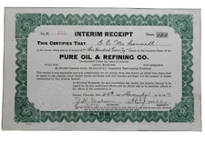 1919 Pure Oil And Refining Stock Certificate #123 to E. McConnell (Denver, CO)