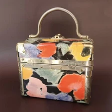 Vintage 40s 50s DELILL floral travel trunk miniBox Bag Handbag  Brass Top Handle