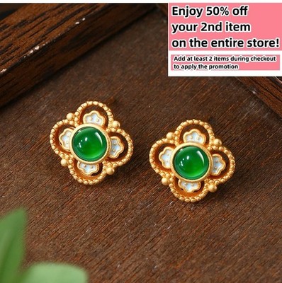 Jade Four-Leaf Clover Stud Earrings Minimalist Bamboo 18K Gold Plated Gemstone